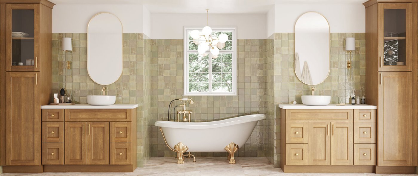 Twin oak vanities with a clawfoot tub