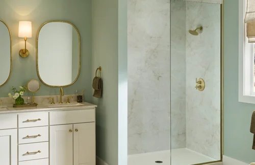 White shaker vanity with sage walls