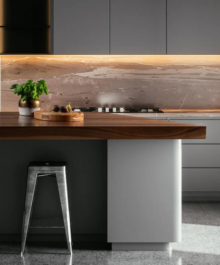 A John Boos walnut butcher block countertop in a modern kitchen