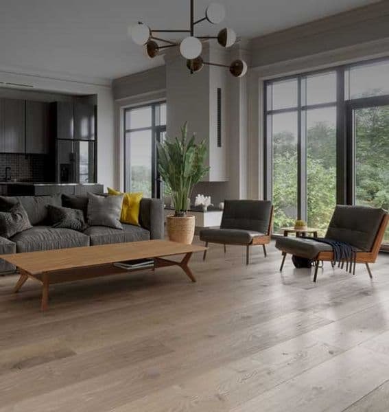 A living room with wide oak plank flooring