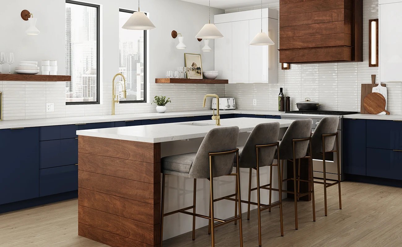 Navy and walnut kitchen with brass faucets and white tile