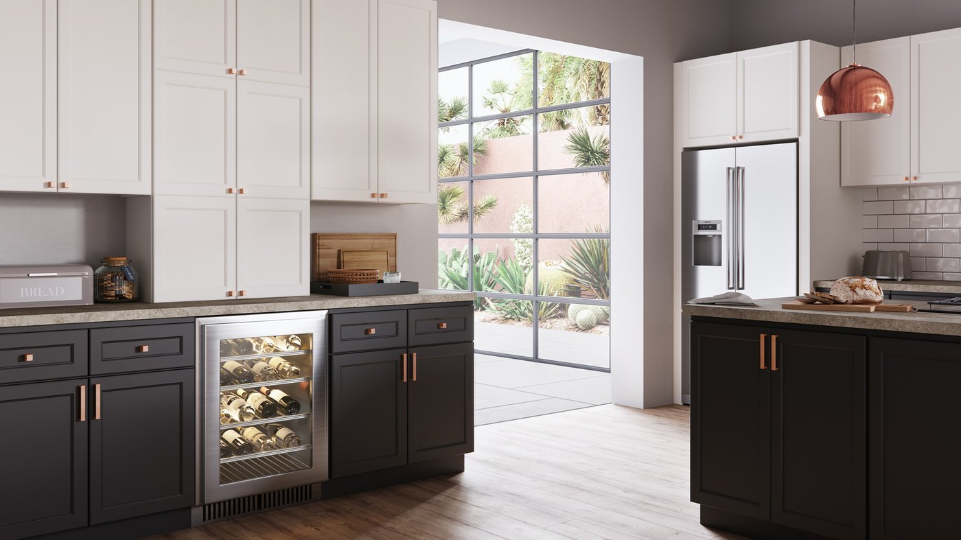 Greige and charcoal kitchen with copper cabinet pulls