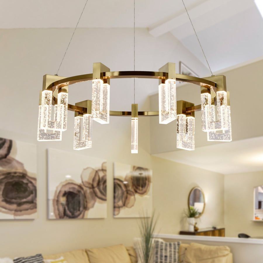 Warm living room with brass ring chandelier and glass shades