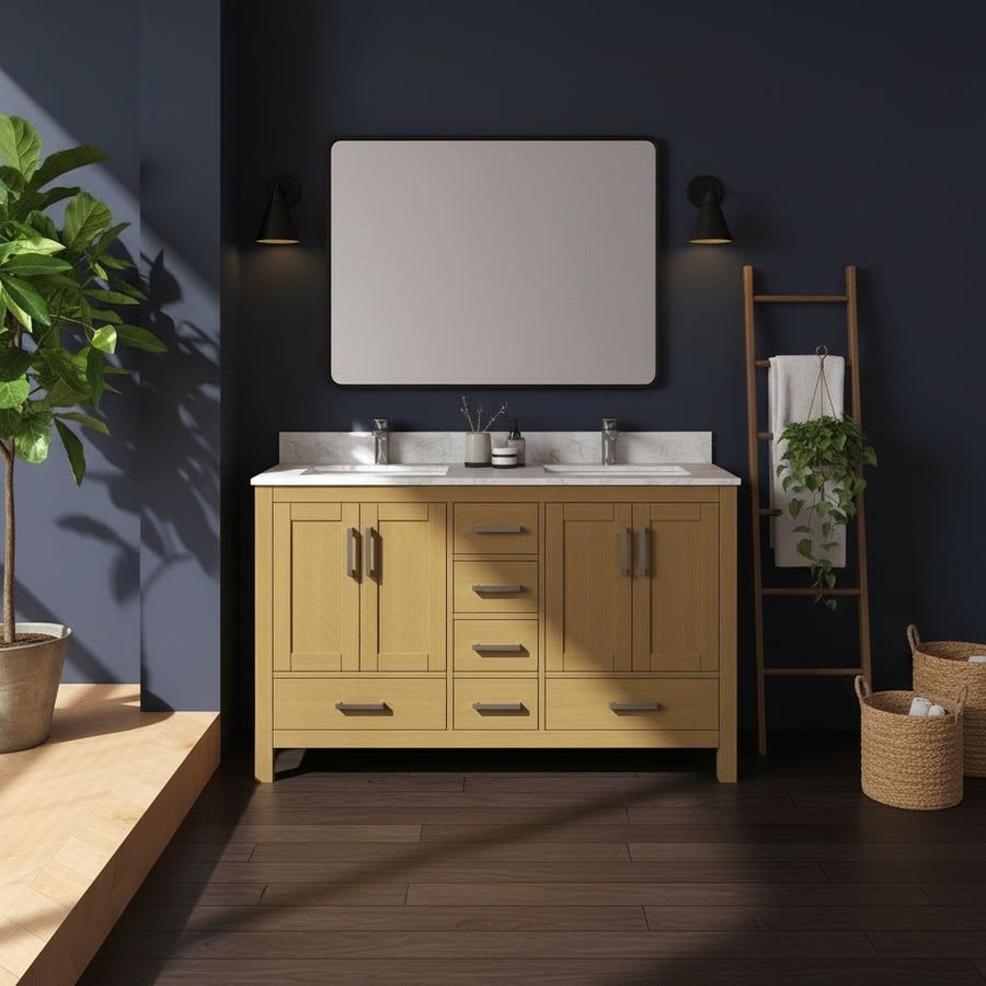 Bathroom idea with the New England Home Goods 55" Natural Wood Double Sink Vanity with Quartz, New England Home Goods