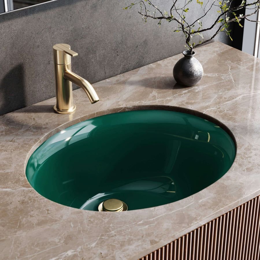 Emerald green Ruvati oval sink on a greige stone vanity