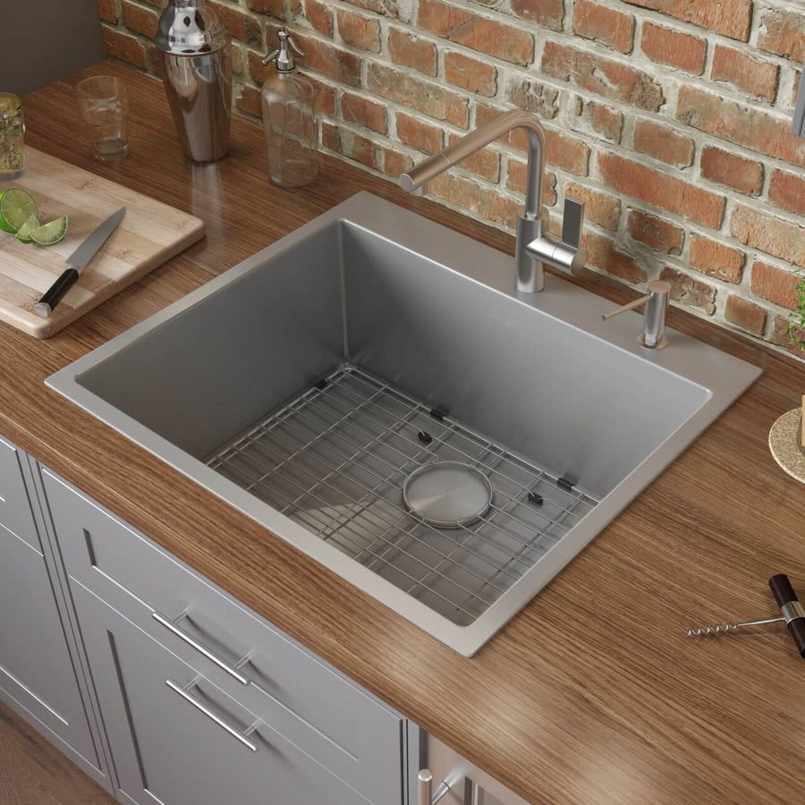Ruvati stainless drop-in sink with a warm wood counter