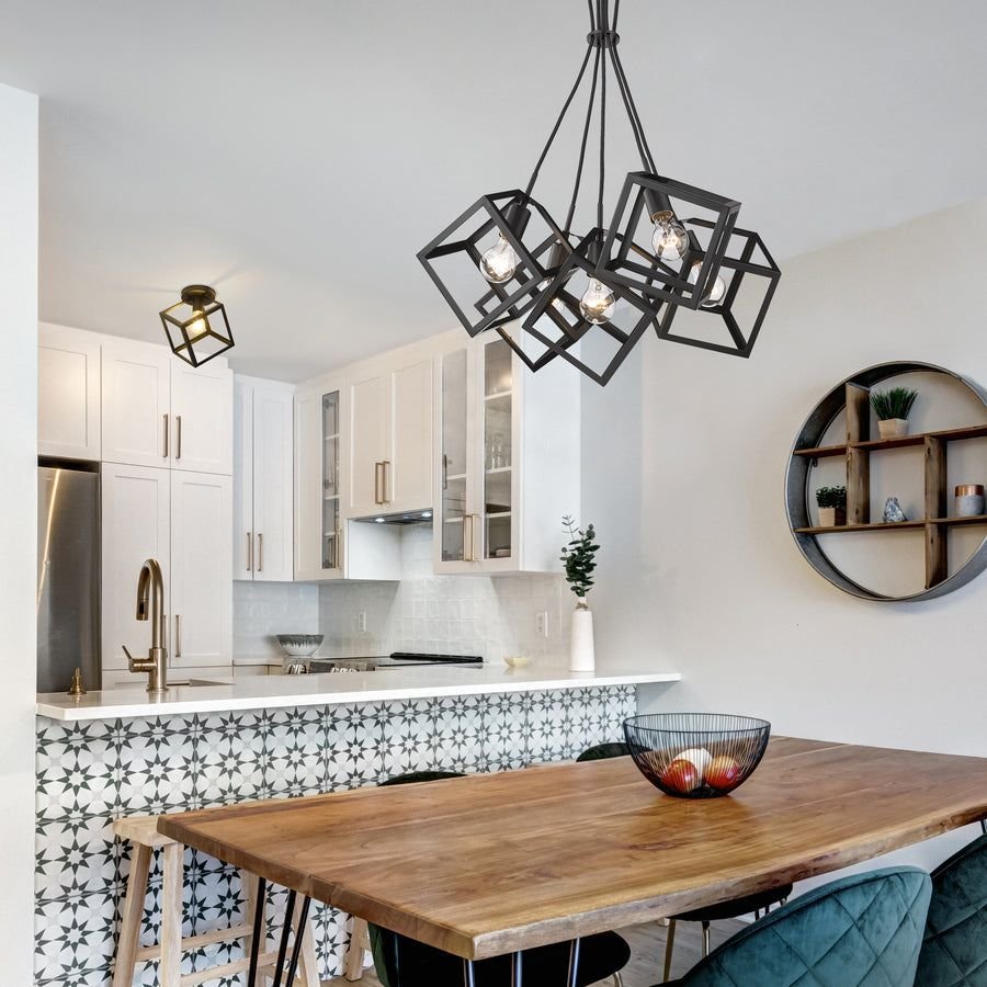 Living room idea with the Cassio 5 Light Pendant in Matte Black, Golden Lighting