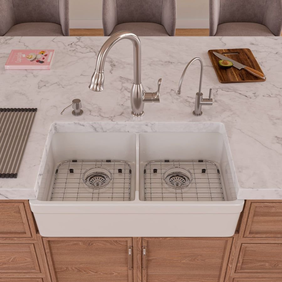 Kitchen idea with the ALFI brand AB5123-W White 32" Short Wall Double Bowl Lip Apron Firecla, ALFI
