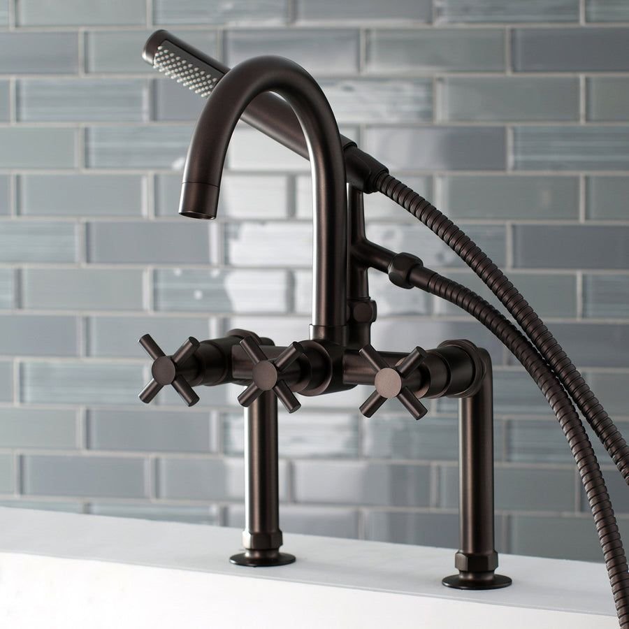 Dark bronze three-handle tub faucet with gray subway tile