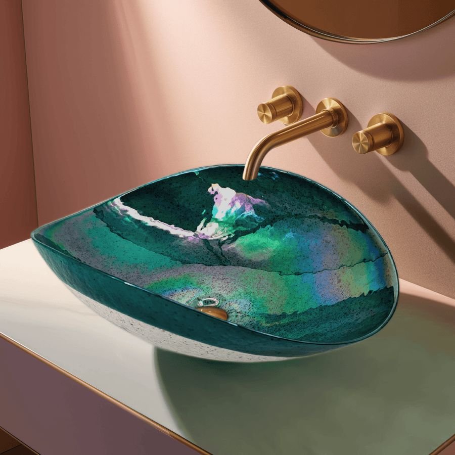 Bathroom idea with the Ruvati 19 inch Murano Glass Art Vessel Seashell Decorative Pattern Bat, Ruvati