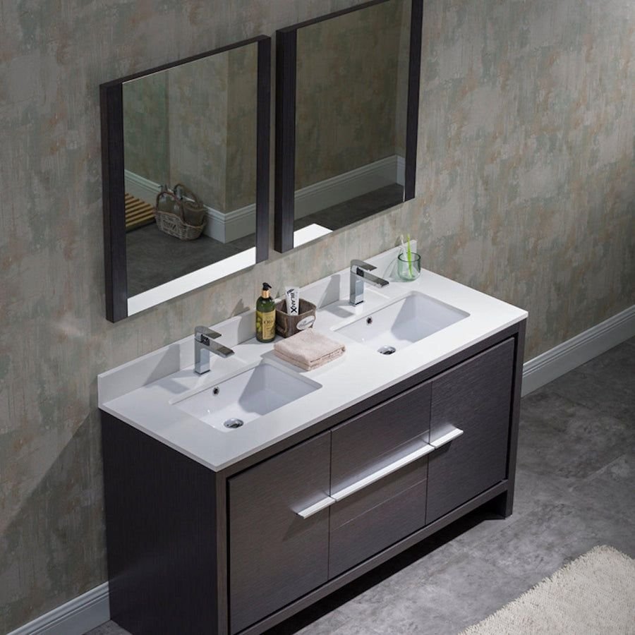 Gray double-sink vanity with a white top and black mirrors
