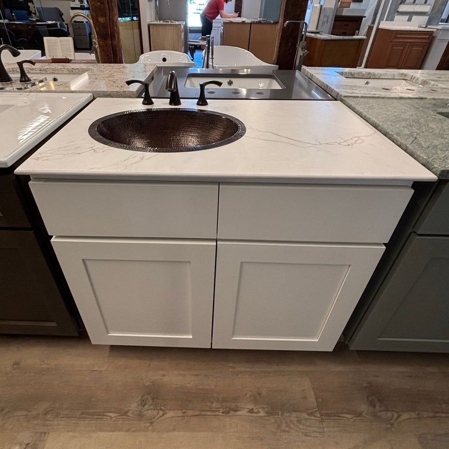 Bathroom idea with the KCD Essentials 36" White Vanity with Calcutta Blanc THINSCAPE Top, Ham, PoshHaus