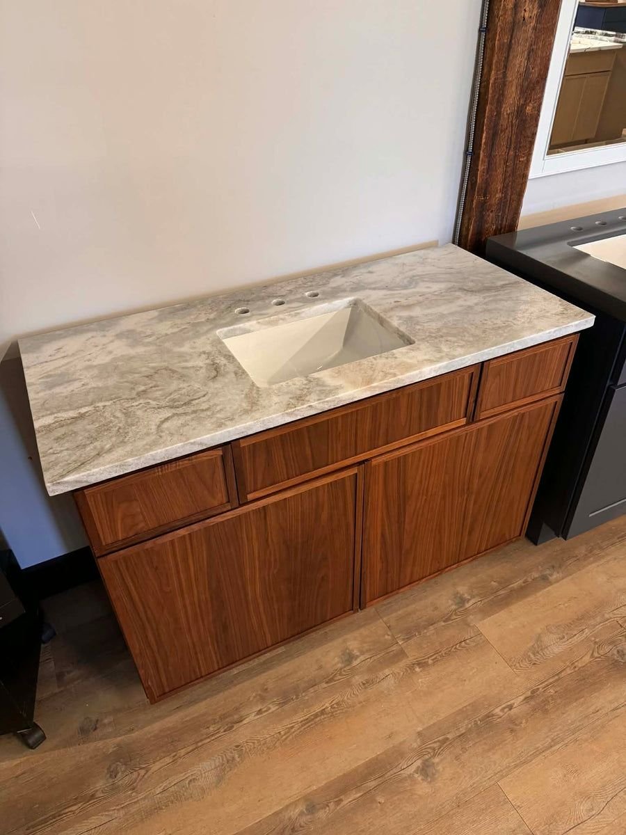 Bathroom idea with the KCD Oslo 48" Walnut Vanity, Sleek Modern Design with Fantasy Brown Na, Showroom