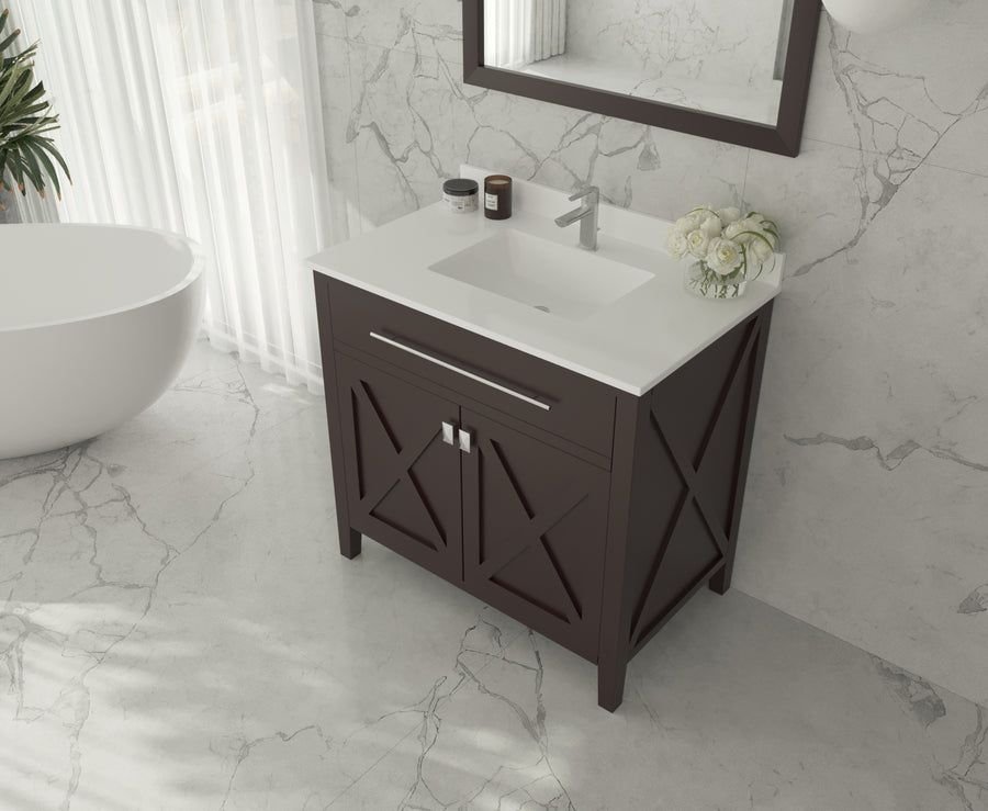 Dark brown X-front vanity with white quartz and gray marble