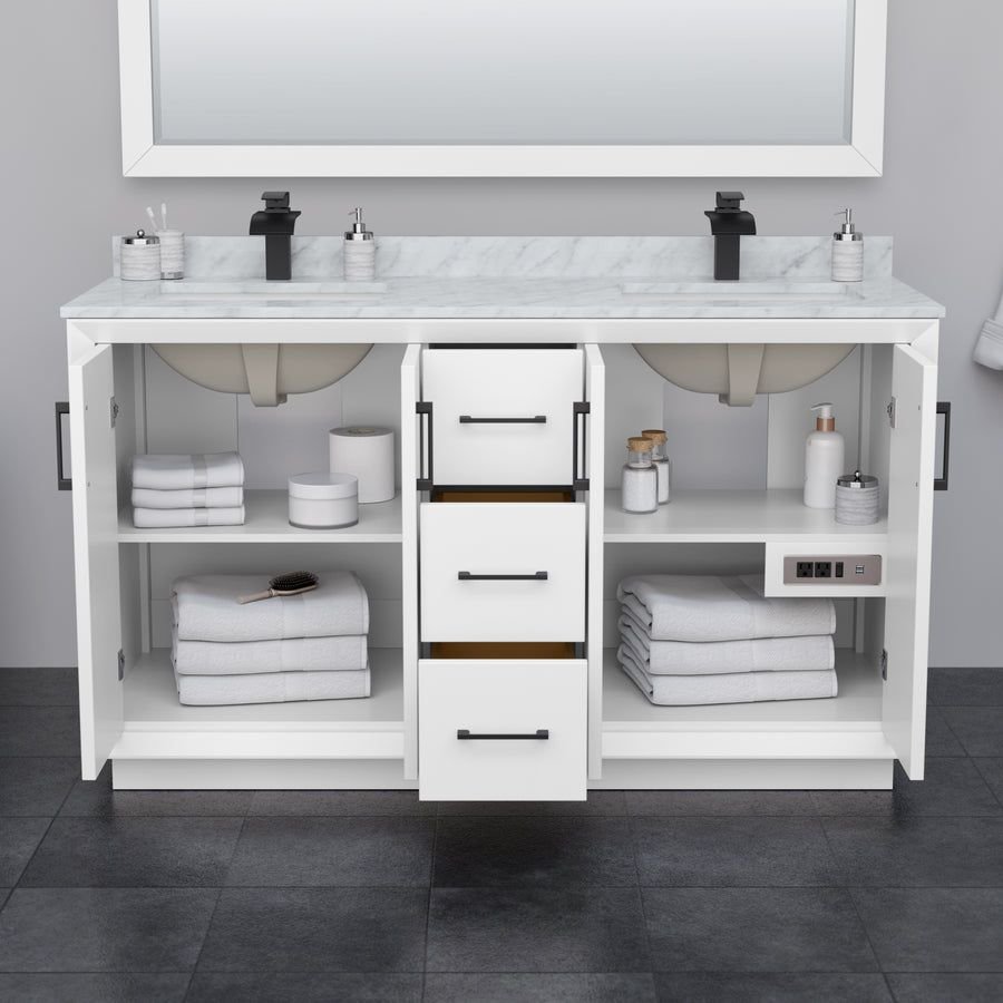 Bathroom idea with the Strada 60 Inch Double Bathroom Vanity in White Carrara Cultured Marble, Wyndham Collection