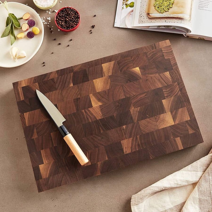 John Boos walnut end-grain cutting board with knife