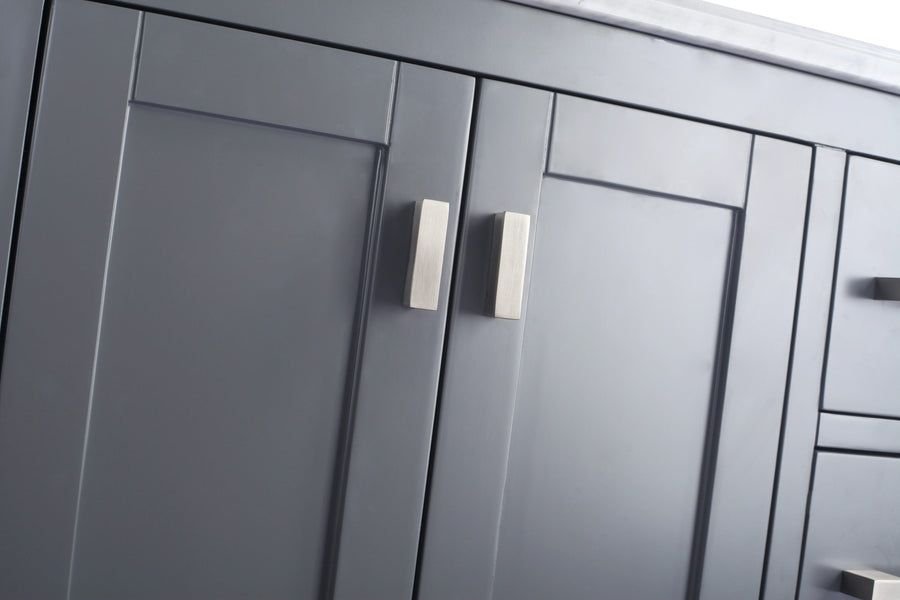 Cool blue-gray bathroom vanity with satin metal pulls