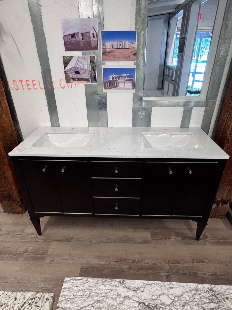 Dark double vanity with white stone top and chrome knobs