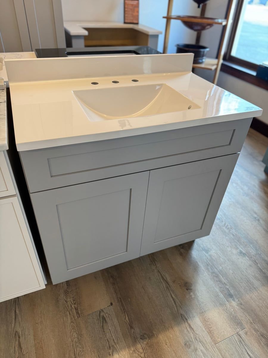 Bathroom idea with the Cab-Tec/Wolf 37" Grey Vanity Combo, White Cultured Marble Top, Showroom