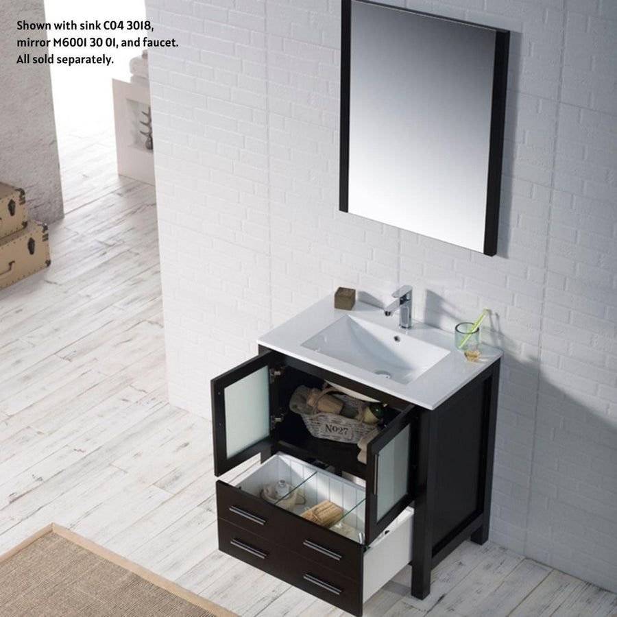 Blossom espresso vanity with a white sink and black-framed mirror