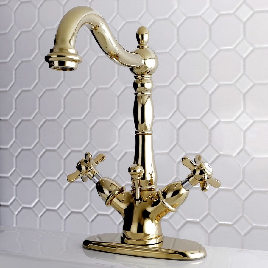 Polished brass bathroom faucet with cross handles and hex tile
