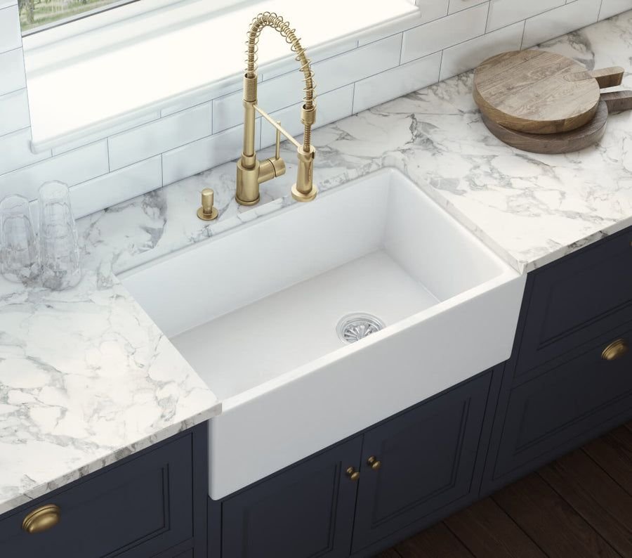 Kitchen idea with the Ruvati 30-inch Fireclay Farmhouse Offset Drain Kitchen Sink Single Bow, Ruvati