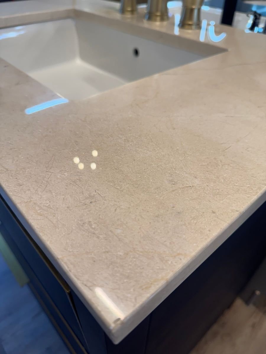 Bathroom idea with the 36" Navy Vanity Set with Tan Marble Vanity Top with Brass Widespread F, Showroom