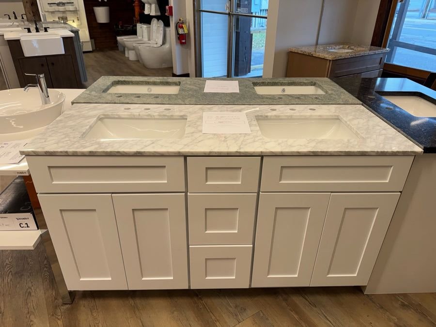 Bathroom idea with the Cab-Tech 60" Double Vanity Suite, White with Custom Marble Top, Floo, Showroom
