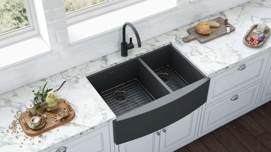 Kitchen idea with the Ruvati 33-inch Gunmetal Black Stainless Steel 60/40 Double Bowl Apron, Ruvati