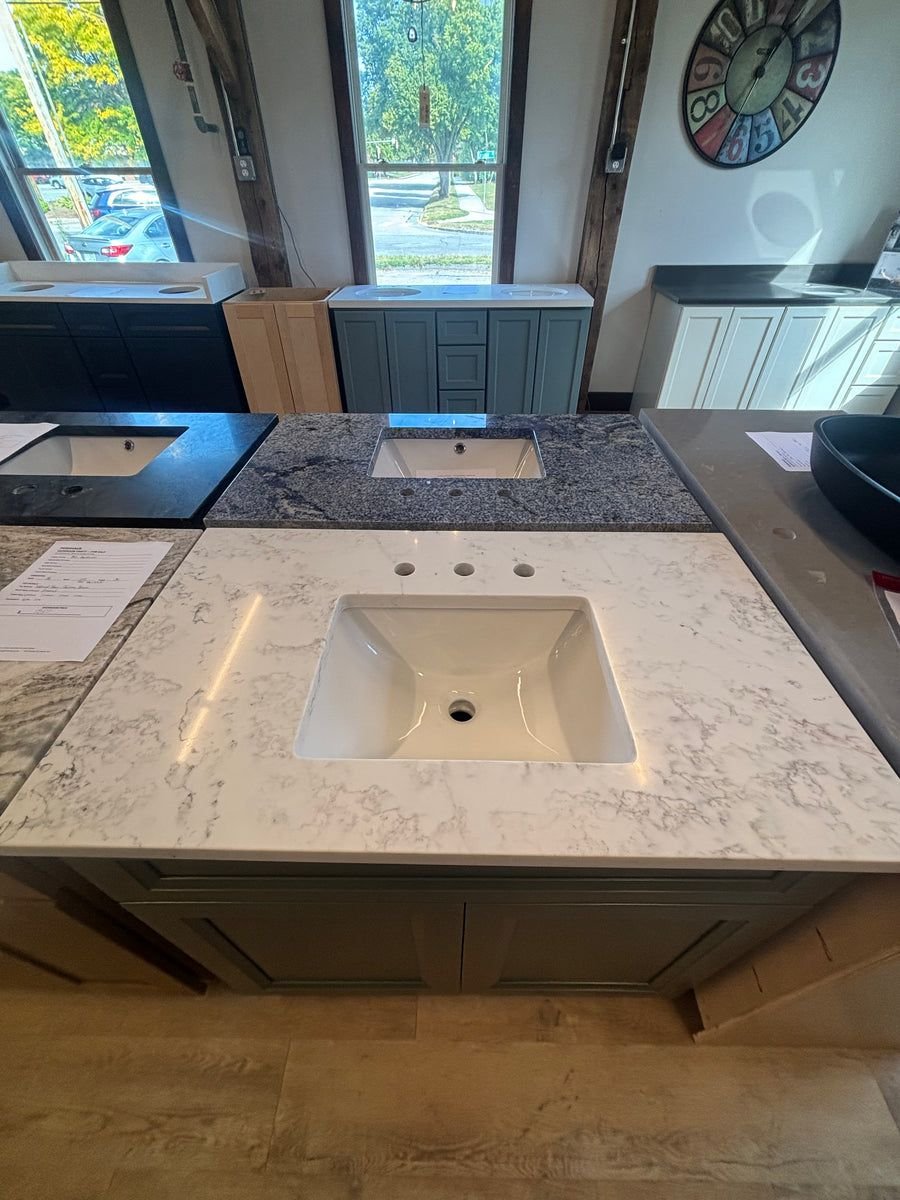 Bathroom idea with the 36” 802 Bolton Green Vanity W/ 36” Polished Cinela Quartz Top, PoshHaus
