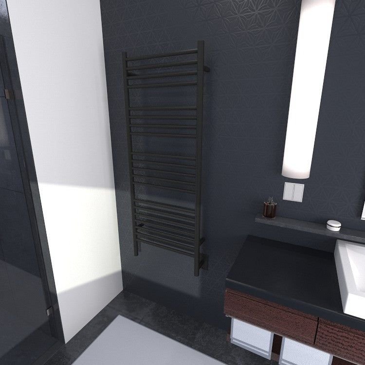 Charcoal bathroom with black ladder towel warmer and wood vanity