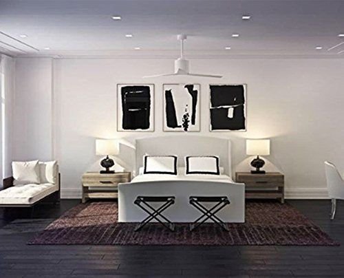 Cool gray bedroom with a clean-lined three-blade ceiling fan