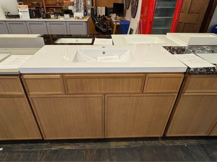 Bathroom idea with the 48” Single Bowl Oslo Oak Vanity With Integrated Acrylic Top, Showroom