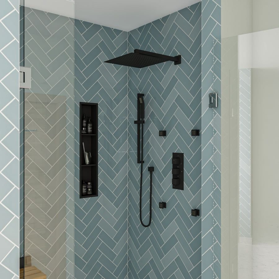 Bathroom idea with the Black Matte 3-Way Thermostatic Valve Shower Mixer Square Knobs, ALFI