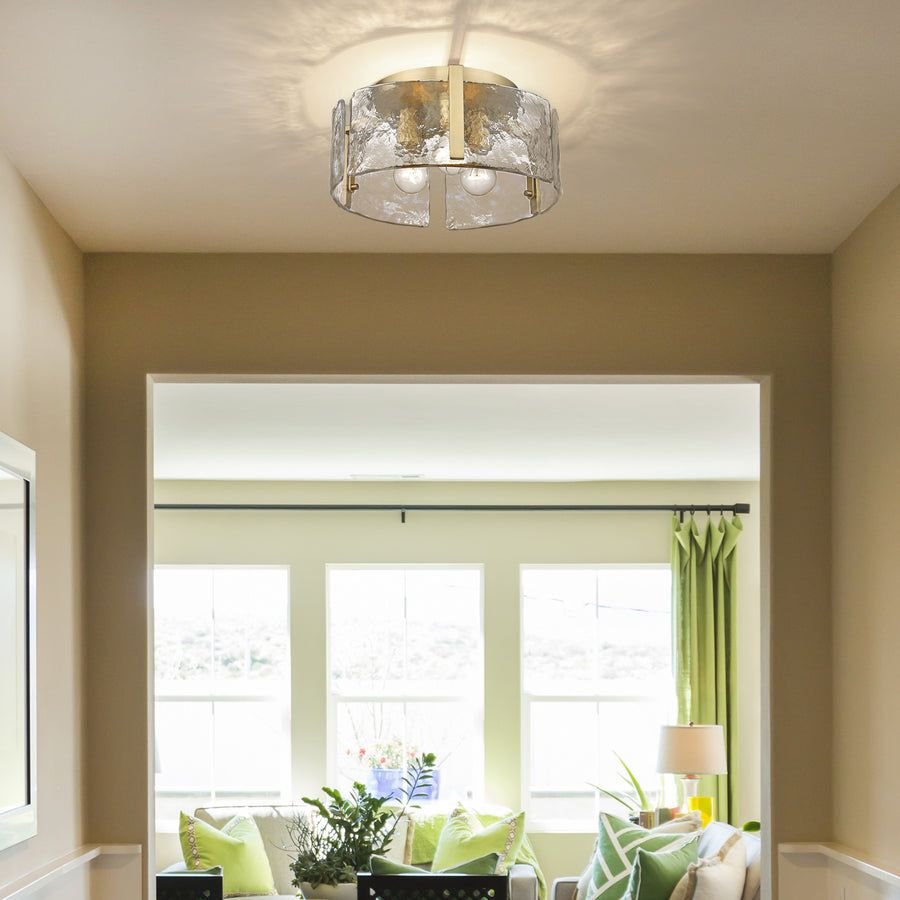 Living room idea with the Aenon 3-Light Flush Mount in Brushed Champagne Bronze with Hammered Wa, Golden Lighting