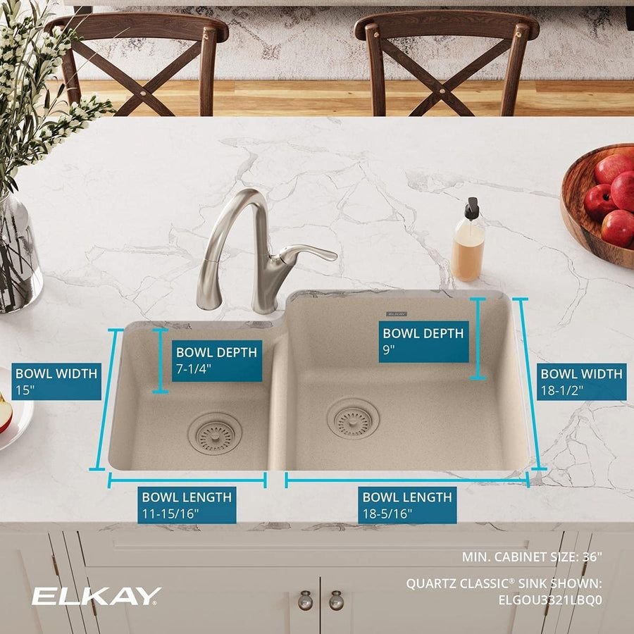 Kitchen idea with the Elkay Quartz Classic ELGOU3321LBQ0 Bisque Offset 40/60 Double Bowl Und, ELKAY