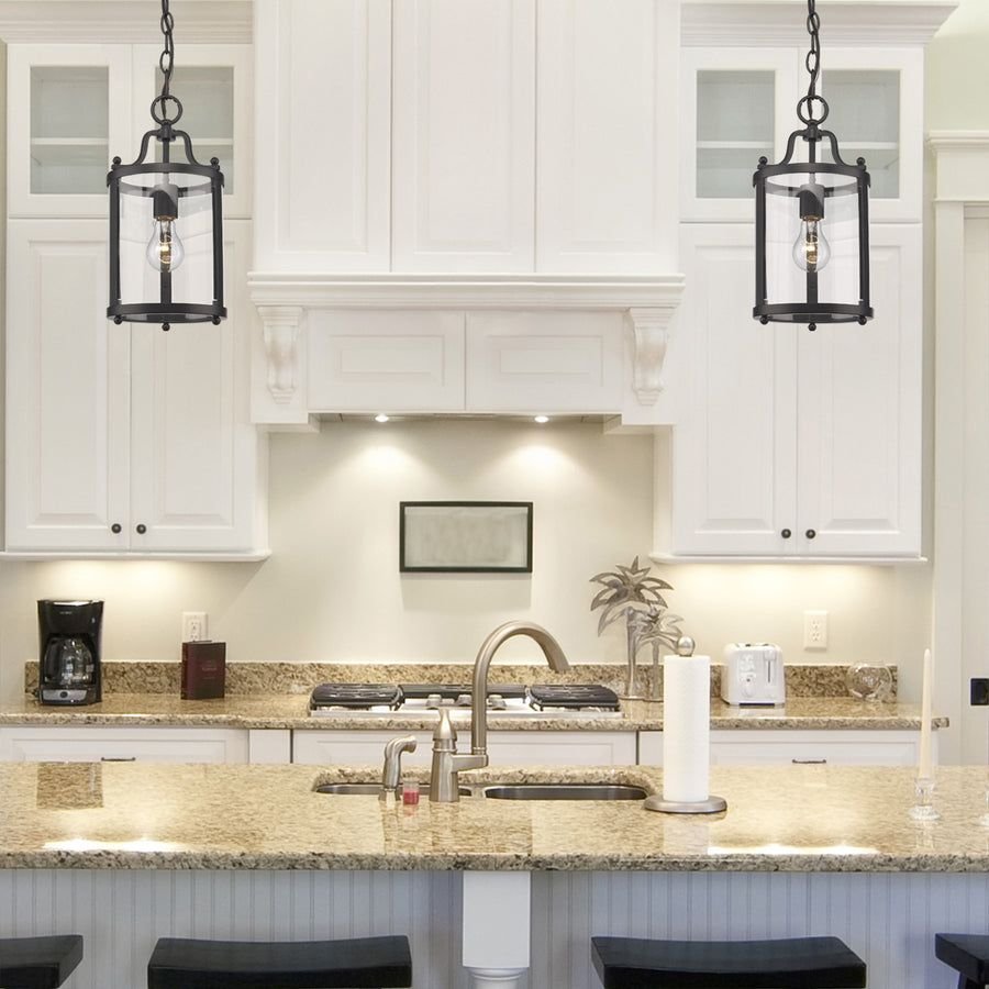 Living room idea with the Payton Mini Pendant in Matte Black with Clear Glass, Golden Lighting