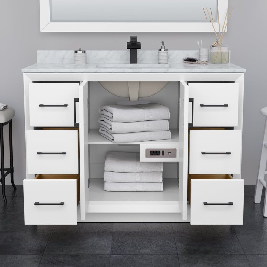 Bathroom idea with the Strada 48 Inch Single Bathroom Vanity in White Carrara Cultured Marble, Wyndham Collection