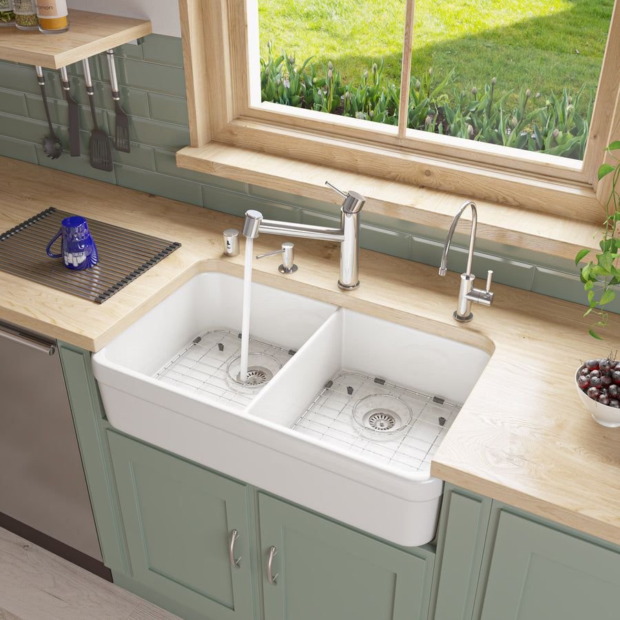 Kitchen idea with the ALFI brand AB512-W White 32" Double Bowl Lip Apron Fireclay Farmhouse, ALFI