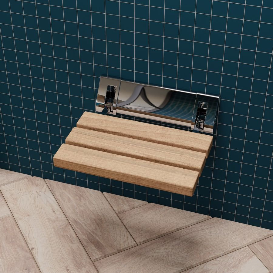 Bathroom idea with the ALFI brand ABS14-PC Polished Chrome 14" Folding Teak Wood Shower Seat, ALFI