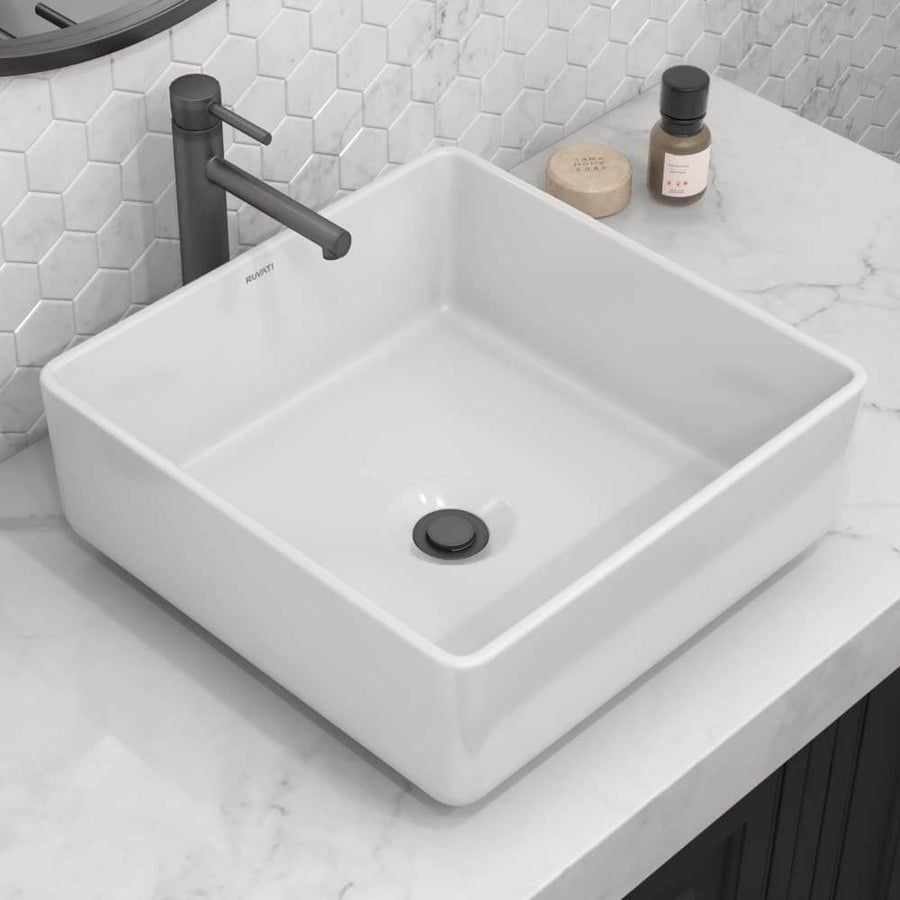 Bathroom idea with the Ruvati 15 x 15 inch Bathroom Vessel Sink White Square Above Counter Po, Ruvati
