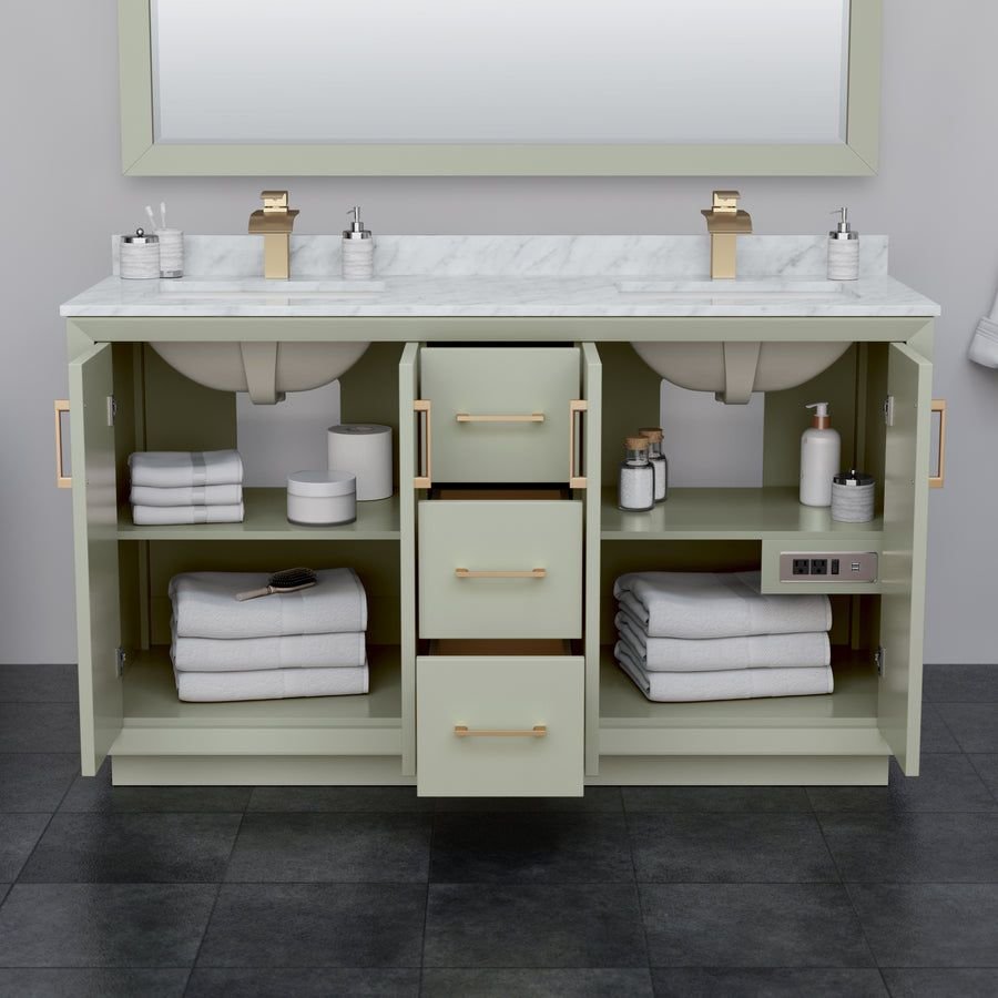Bathroom idea with the Strada 60 Inch Double Bathroom Vanity in Light Green Carrara Cultured, Wyndham Collection