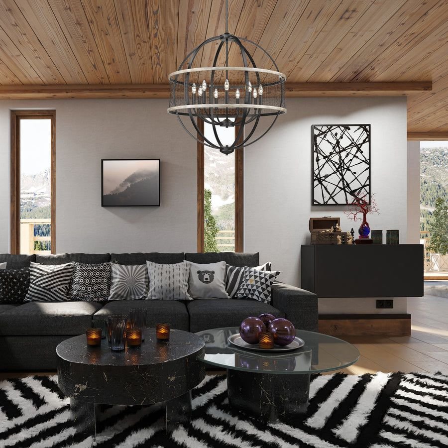 Living room idea with the Roost 9 Light Chandelier in Matte Black with Chicken Wire Shade, Golden Lighting