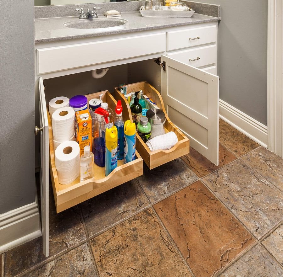 Bathroom idea with the Hardware Resources ROVHB15-WB 15" Wood High Back Rollout for Vanity De, Hardware Resources
