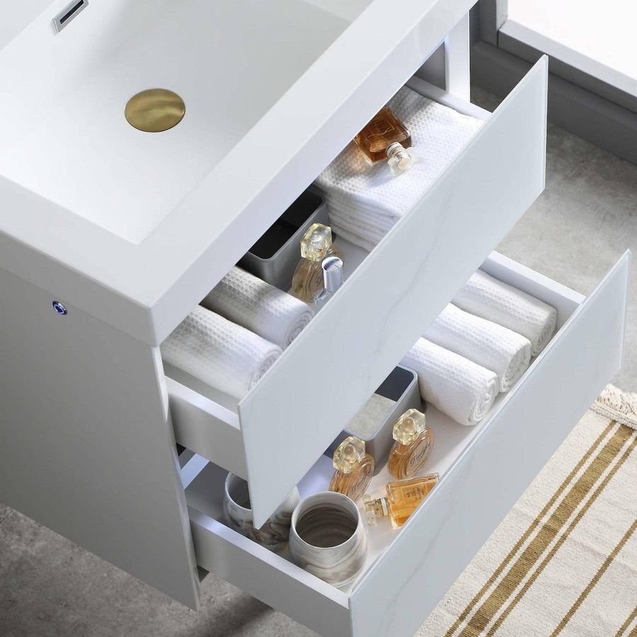 Bathroom idea with the Blossom Jena 24" 2-Drawer Calacatta White Wall-Mounted Vanity Set With, Blossom