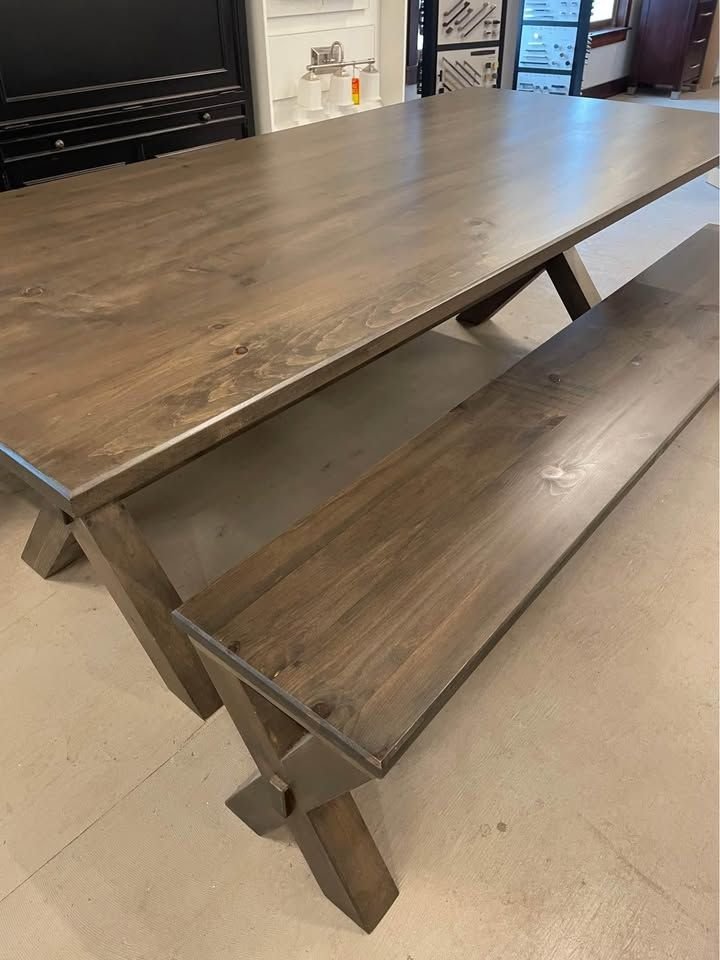 Kitchen idea with the Mountain View Woodworking 96" x 44" FarmHouse Trestle Table w/Benches, Mountain View Woodworking