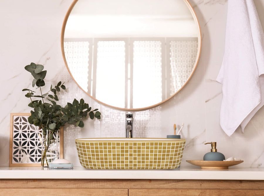 Bathroom idea with the Ruvati 15 x 15 inch Bathroom Vessel Sink Gold Decorative Pattern Above, Ruvati