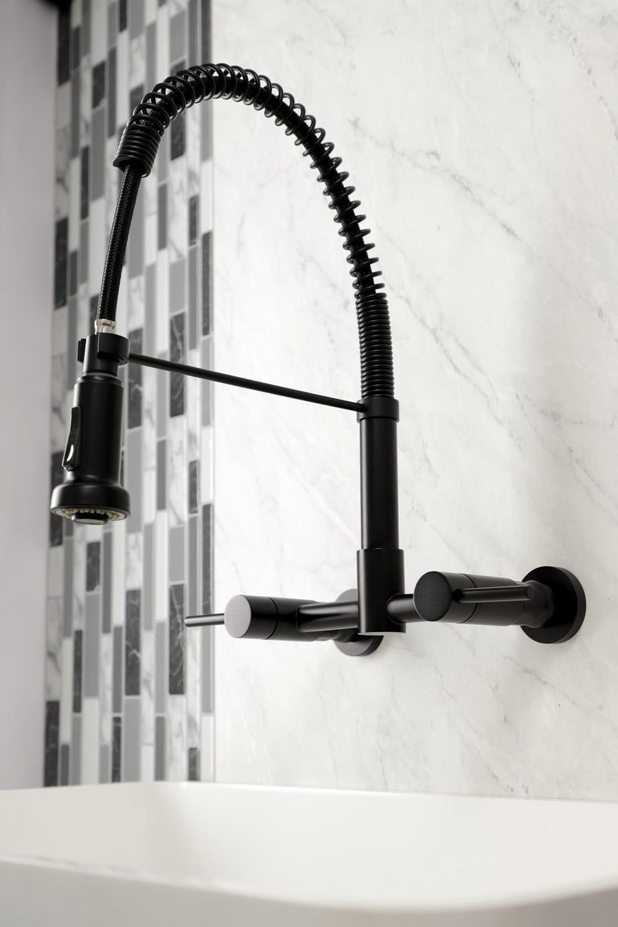 Kitchen idea with the Gourmetier GS8180DL Concord 2-Handle Wall Mount Pull-Down Kitchen Fauc, Kingston Brass