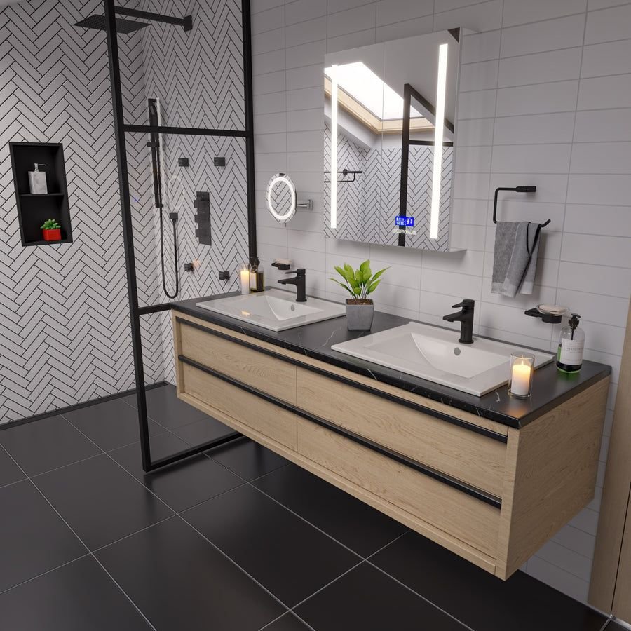 Bathroom idea with the 26" x 30" Double Door LED Light Bluetooth Medicine Cabinet, ALFI