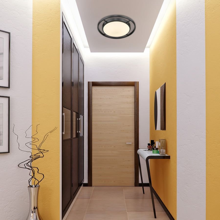 Living room idea with the Astra 17" Flush Mount in Matte Black with Opal Glass, Golden Lighting
